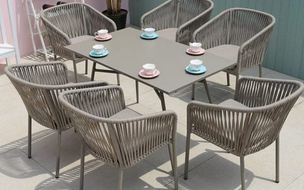 Bộ bàn ghế ăn khung nhôm sợi dù màu nâu cho 6 người