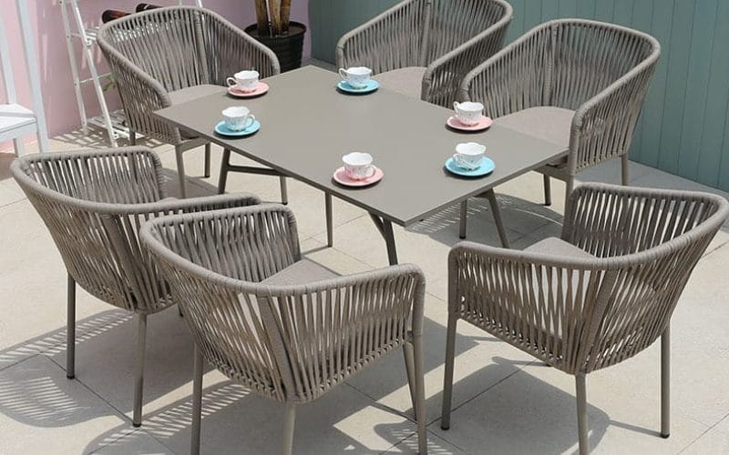 Bộ bàn ghế ăn khung nhôm sợi dù màu nâu cho 6 người