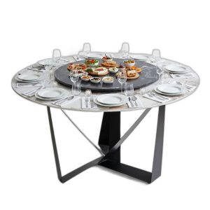 Bàn ăn tròn 2 tầng xoay 140cm mặt đá trắng chân sắt