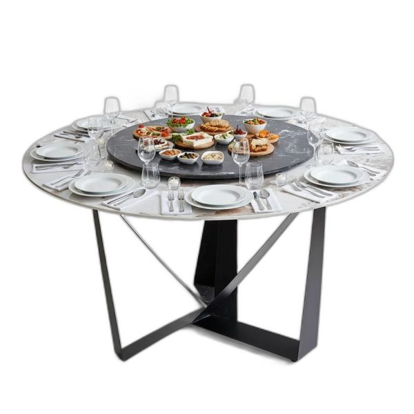 Bàn ăn tròn 2 tầng xoay 140cm mặt đá trắng chân sắt