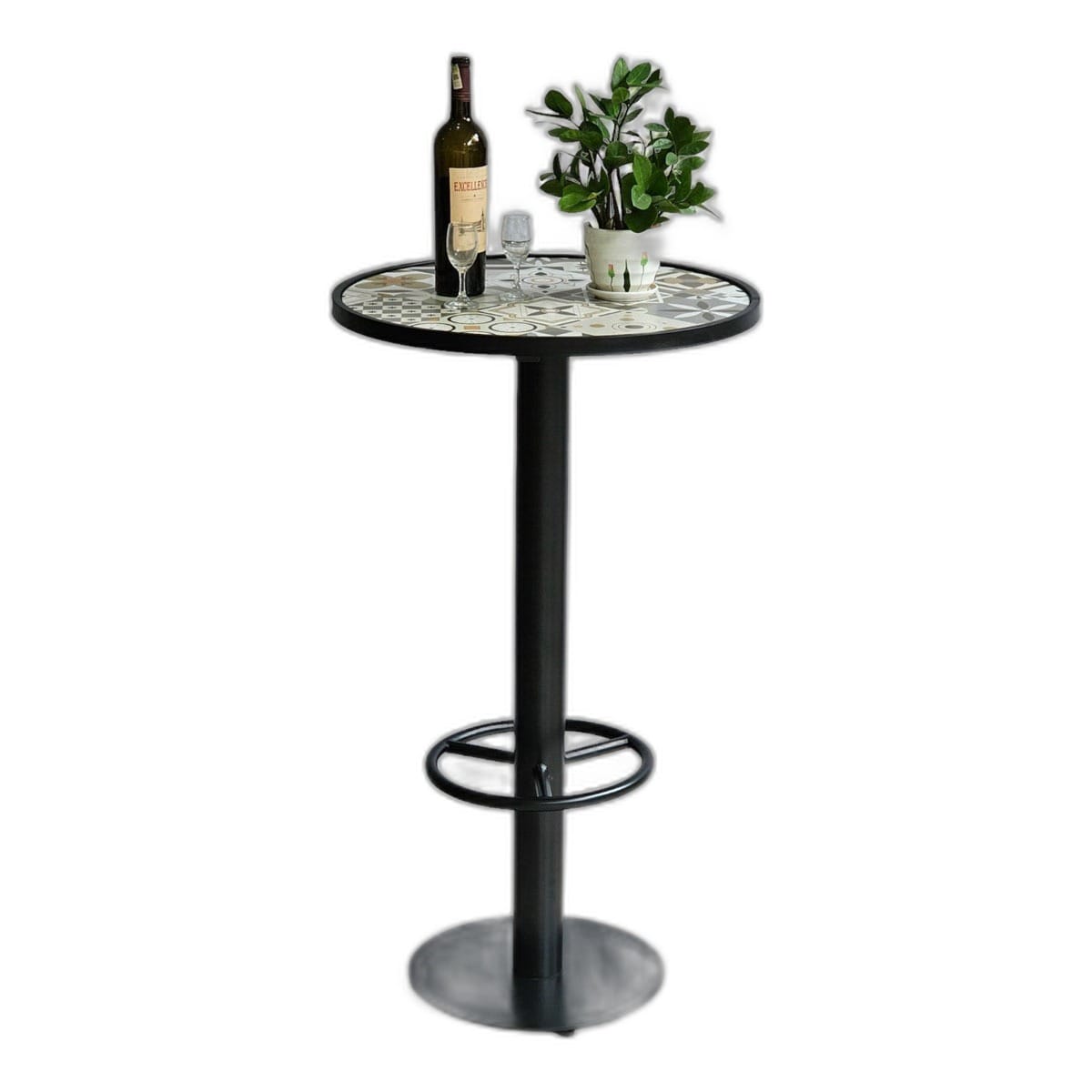 Bàn bar tròn 60cm mặt gạch bông chân sắt có gác chân Bàn bar tròn 60cm mặt gạch bông chân sắt có gác chân