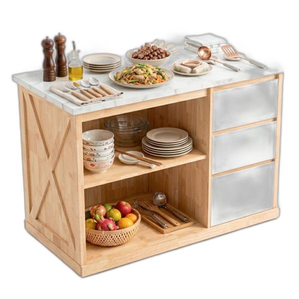 Bàn đảo bếp 120x61x85cm mặt đá gỗ cao su