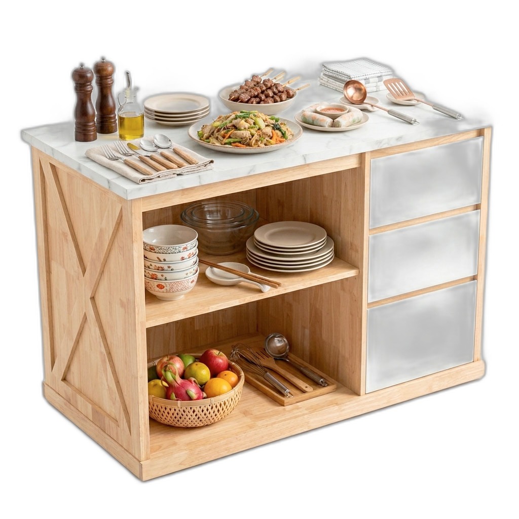 Bàn đảo bếp 120x61x85cm mặt đá gỗ cao su Bàn đảo bếp 120x61x85cm mặt đá gỗ cao su