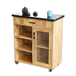 Bàn đảo bếp di động 80x40x85cm gỗ cao su mặt đá