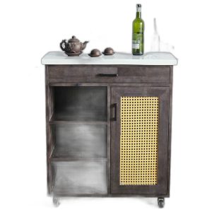 Bàn đảo bếp di động 80x40x85cm gỗ cao su mặt đá