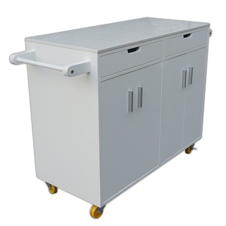 Bàn đảo bếp di động Full Trắng có bánh xe mặt đá (110x50x90cm)