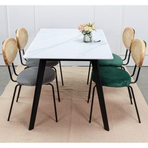 Bộ Bàn Ăn Mặt Đá Và 4 Ghế Nệm Lưng Gỗ Mây - hình 1