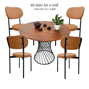 Bộ bàn ăn tròn 1m và 4 ghế da - hình 1