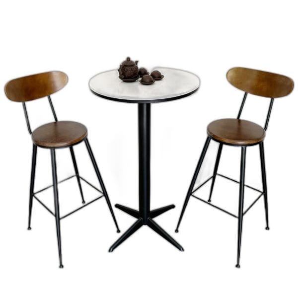 Bộ bàn bar tròn mặt đá và 2 ghế bar tựa lưng gỗ C
