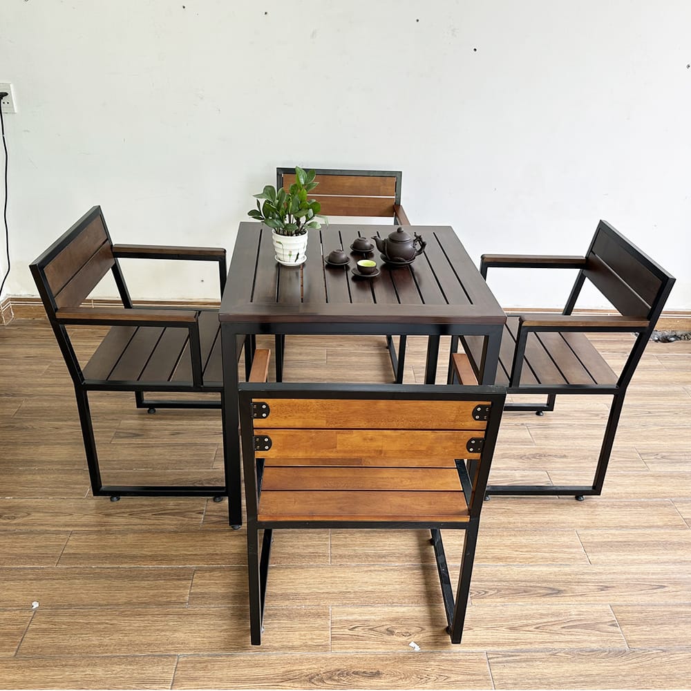 Bộ bàn ghế 4 người gỗ khung sắt C Bộ bàn ghế 4 người gỗ khung sắt C - hình 2