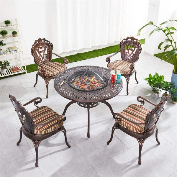 Bộ Bàn Ghế Nhôm Đúc 4 Ghế Hoa Văn Cổ Điển Có Bếp Nướng Tròn - hình 5