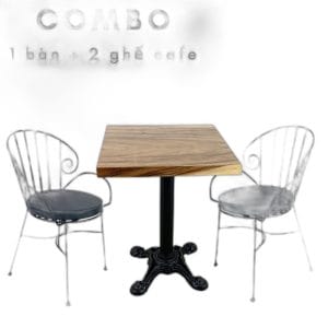 Bộ bàn gỗ me tây dày 5cm và 2 ghế sắt có đệm C