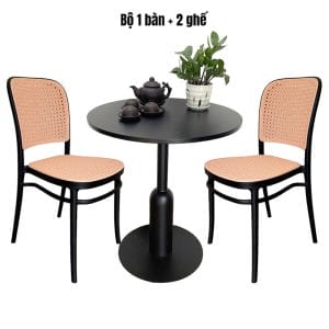 Combo bàn cafe tròn và 2 ghế nhựa giả mây C - hình 1