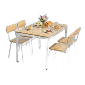 Combo bộ bàn ăn đơn giản và 4 ghế gỗ cao su chân sắt