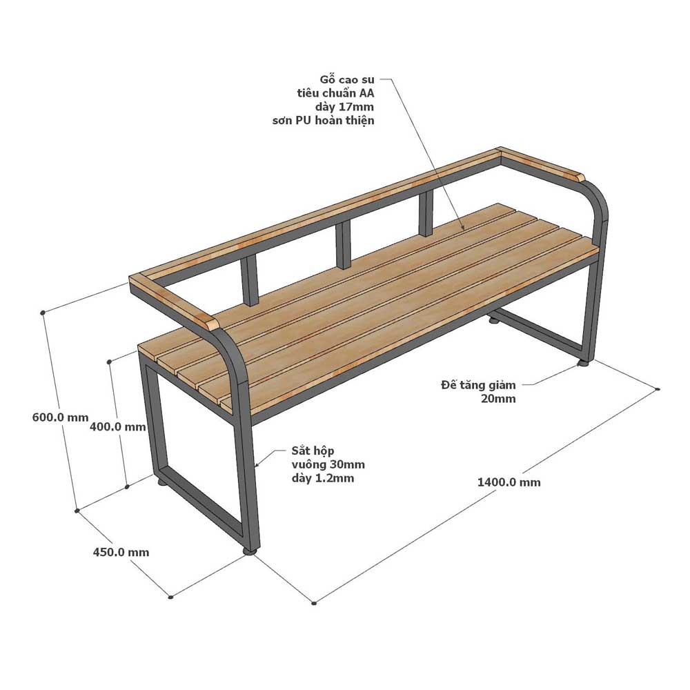 Ghế băng dài 140x45x60cm gỗ cao su Ghế băng dài 140x45x60cm gỗ cao su - hình 3