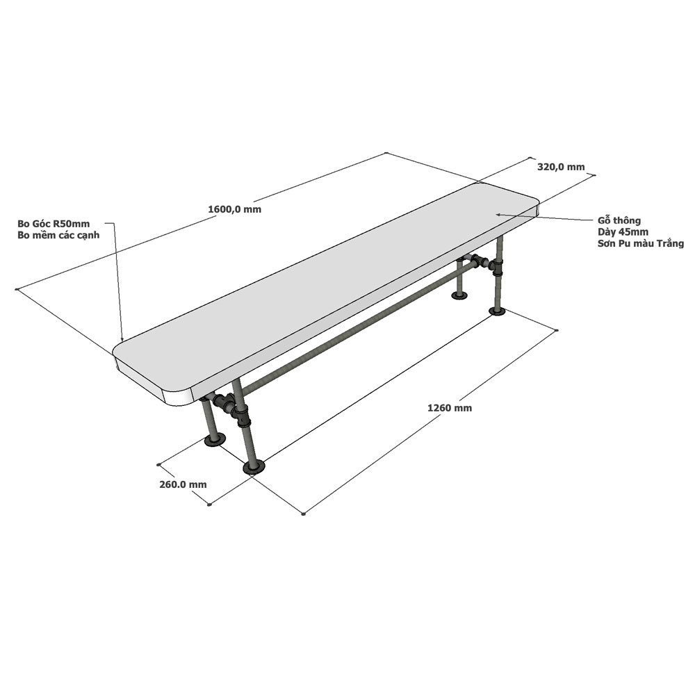 Ghế băng dài 160x32cm gỗ thông chân ống nước Ghế băng dài 160x32cm gỗ thông chân ống nước - hình 1