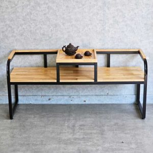 Ghế băng dài liền khay trà khung sắt mặt gỗ - hình 1