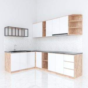 Hệ tủ bếp chữ L gỗ cao su chống ẩm - hình 1