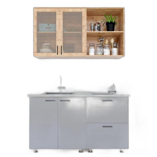 Hệ tủ bếp mini gỗ cao su 1m2 cửa bếp lưới mây