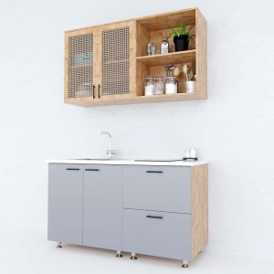 Hệ tủ bếp mini gỗ cao su 1m2 cửa bếp lưới mây - hình 1
