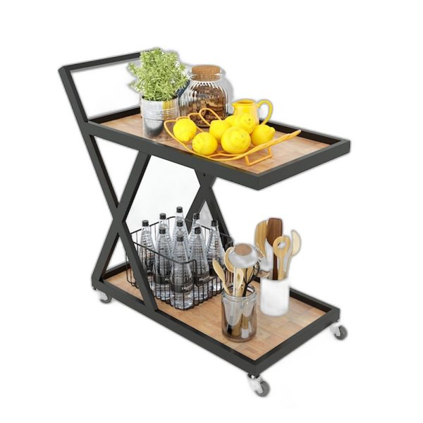 Kệ đẩy 2 tầng gỗ cao su khung sắt chữ X
