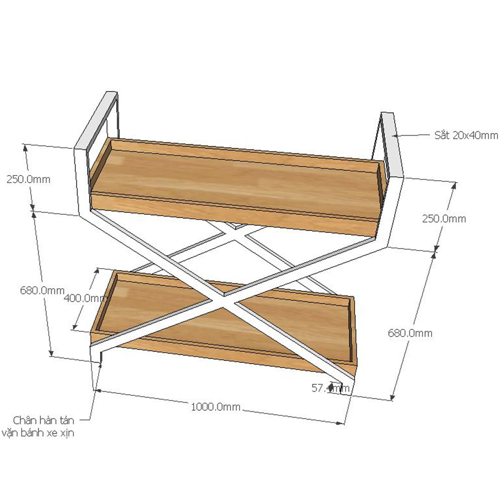Kệ đẩy 2 tầng gỗ cao su khung sắt sơn tĩnh điện Kệ đẩy 2 tầng gỗ cao su khung sắt sơn tĩnh điện - hình 3