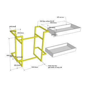 Kệ đẩy di động 2 tầng HOLA gỗ cao su khung sắt - hình 1