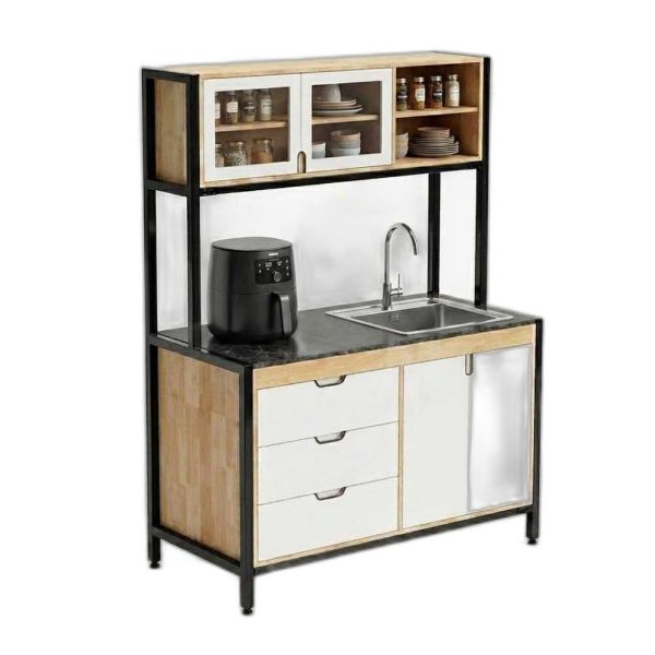 Kệ nhà bếp 126x60cm gỗ cao su mặt đá chân sắt
