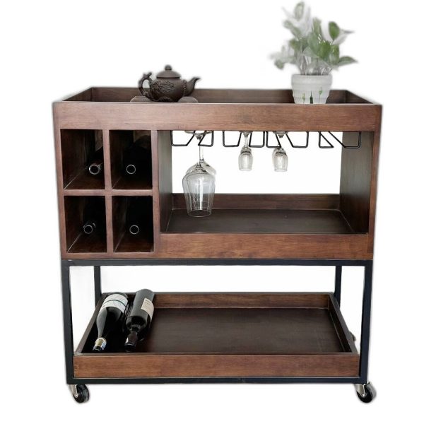 Kệ Rượu đi động gỗ tự nhiên kết hợp khung sắt