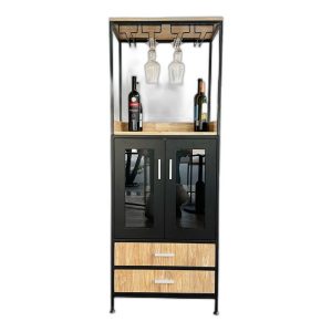Tủ gỗ tự nhiên khung sắt có khay đựng ly vang