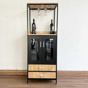 Tủ gỗ tự nhiên khung sắt có khay đựng ly vang - hình 1